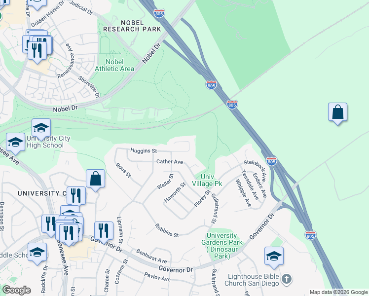 map of restaurants, bars, coffee shops, grocery stores, and more near 4676 Huggins Street in San Diego
