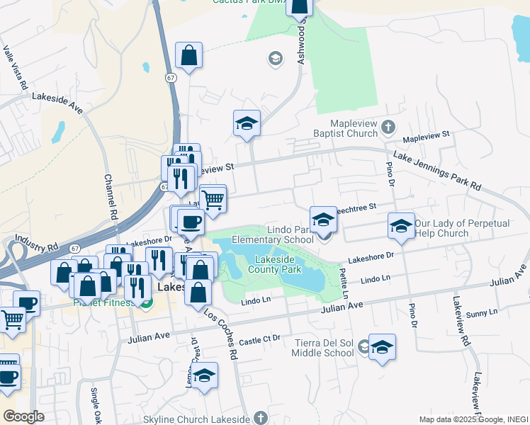 map of restaurants, bars, coffee shops, grocery stores, and more near 12642 Lakeshore Drive in Lakeside