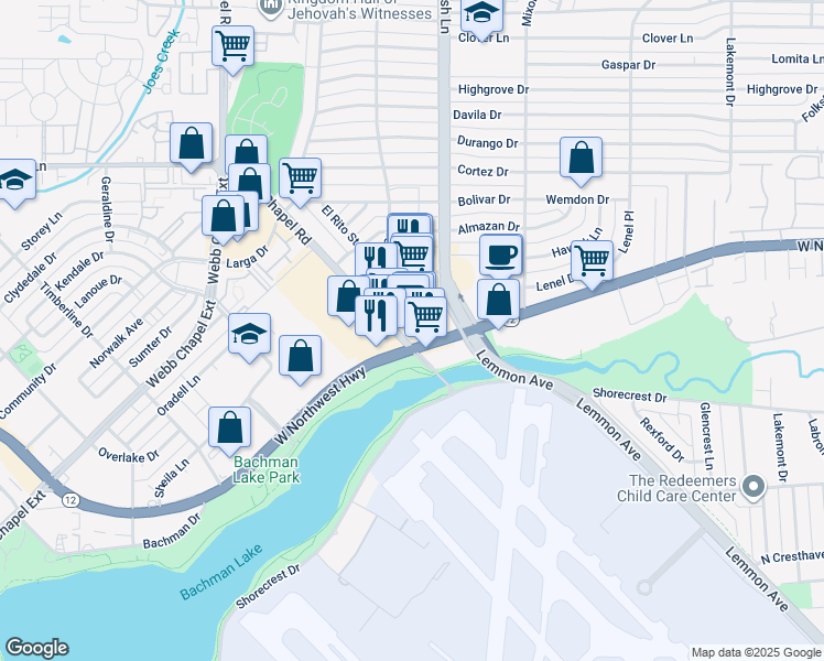 map of restaurants, bars, coffee shops, grocery stores, and more near 3647 Texas 12 Loop in Dallas
