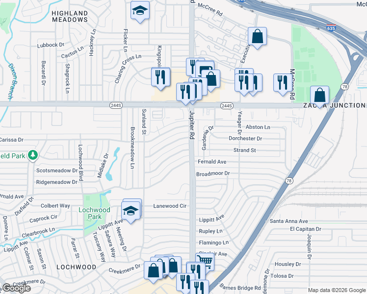 map of restaurants, bars, coffee shops, grocery stores, and more near 11378 Earlywood Drive in Dallas