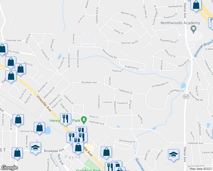 map of restaurants, bars, coffee shops, grocery stores, and more near 3261 Highpoint Drive in Macon