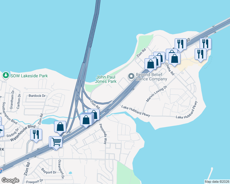 map of restaurants, bars, coffee shops, grocery stores, and more near 1325 East Interstate 30 in Garland