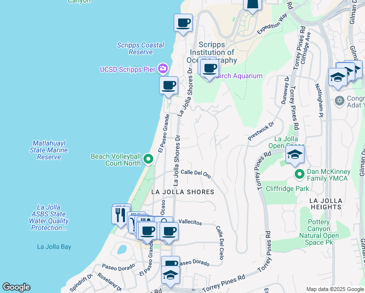 map of restaurants, bars, coffee shops, grocery stores, and more near 8493 La Jolla Shores Drive in San Diego
