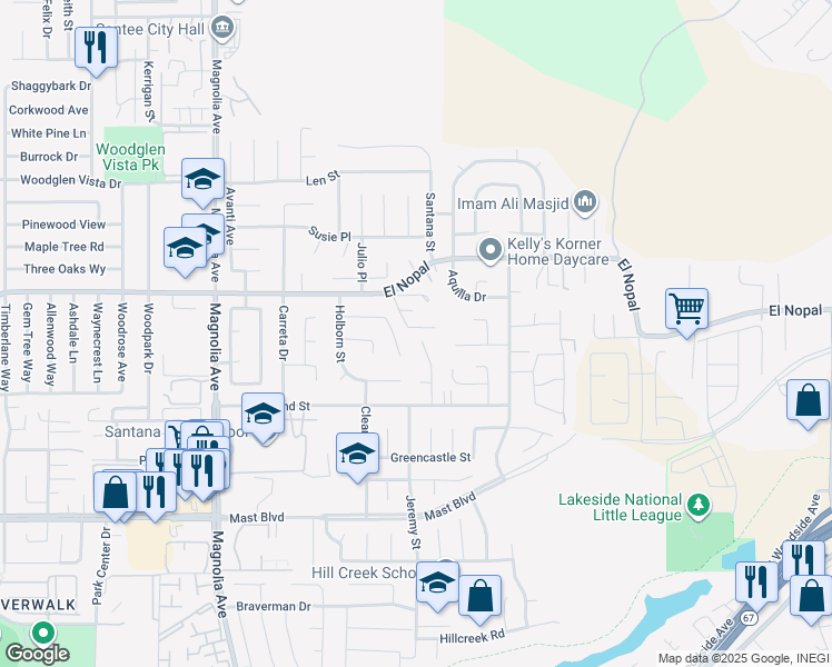 map of restaurants, bars, coffee shops, grocery stores, and more near 9994 Delia Lane in Santee