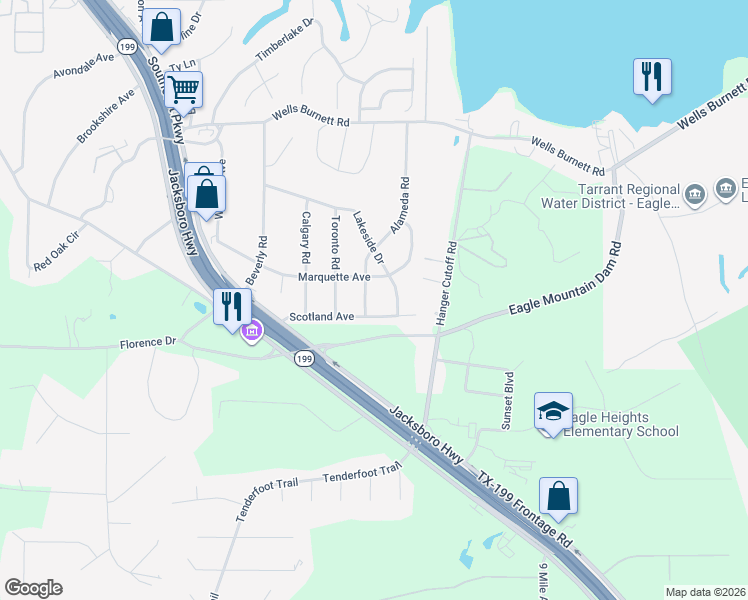 map of restaurants, bars, coffee shops, grocery stores, and more near 300 Alameda Road in Azle
