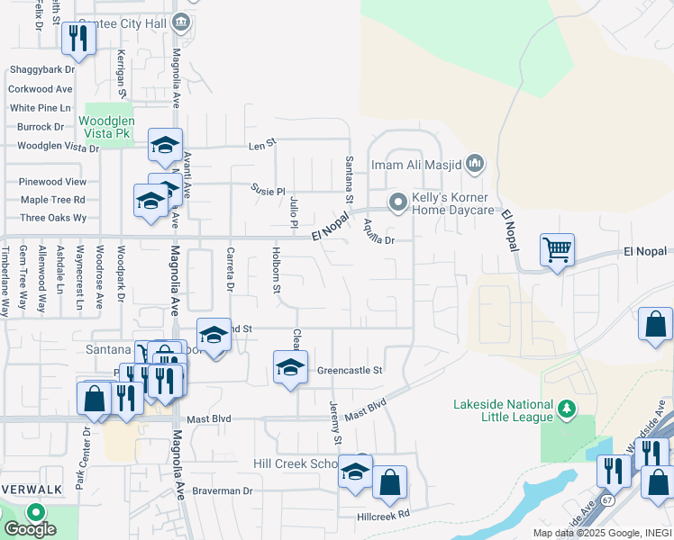 map of restaurants, bars, coffee shops, grocery stores, and more near 9994 Delia Lane in Santee