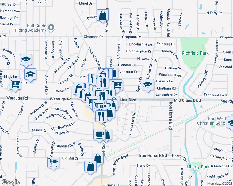 map of restaurants, bars, coffee shops, grocery stores, and more near 6723 Mid Cities Boulevard in North Richland Hills