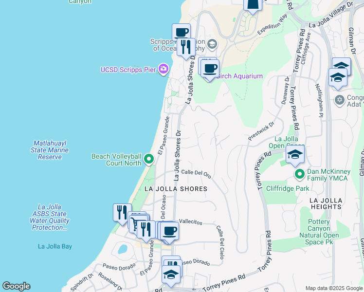 map of restaurants, bars, coffee shops, grocery stores, and more near 8493 La Jolla Shores Drive in San Diego