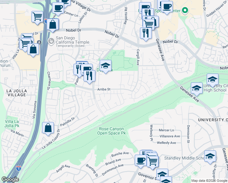map of restaurants, bars, coffee shops, grocery stores, and more near 7831 Camino Noguera in San Diego
