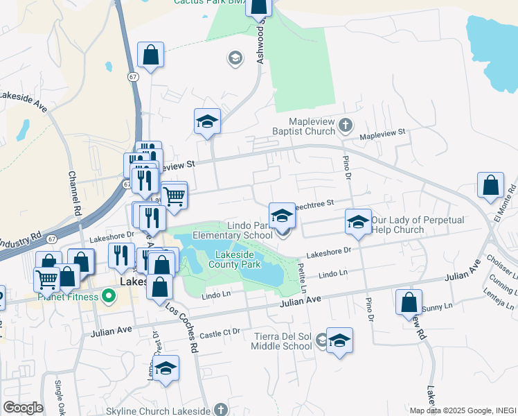 map of restaurants, bars, coffee shops, grocery stores, and more near 12824 Lakeshore Drive in Lakeside