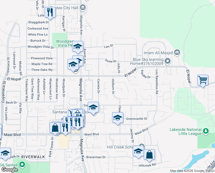 map of restaurants, bars, coffee shops, grocery stores, and more near 10646 Montura Court in Santee