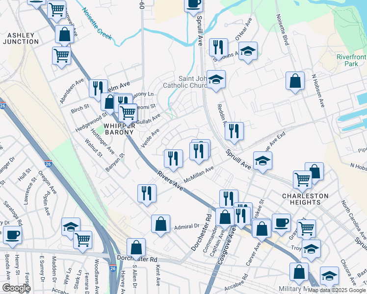 map of restaurants, bars, coffee shops, grocery stores, and more near 3777 Old Pine Circle in North Charleston