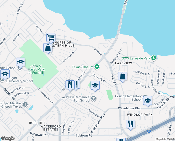 map of restaurants, bars, coffee shops, grocery stores, and more near 3301 Shoreside Drive in Garland