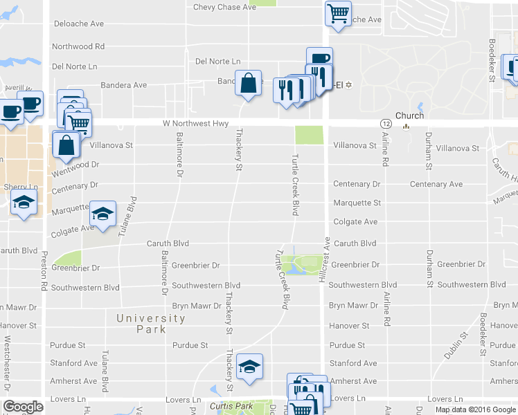 map of restaurants, bars, coffee shops, grocery stores, and more near 3532 Colgate Avenue in Dallas