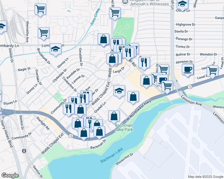 map of restaurants, bars, coffee shops, grocery stores, and more near 3220 Webb Chapel Extension in Dallas