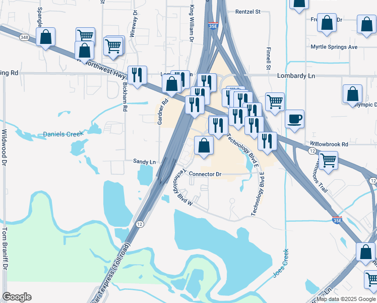 map of restaurants, bars, coffee shops, grocery stores, and more near 9994-10046 Technology Boulevard West in Dallas