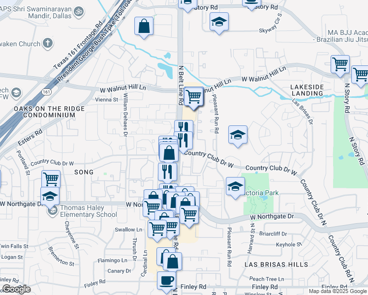 map of restaurants, bars, coffee shops, grocery stores, and more near in Irving