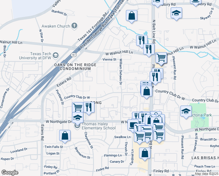 map of restaurants, bars, coffee shops, grocery stores, and more near 3636 Country Club Drive West in Irving