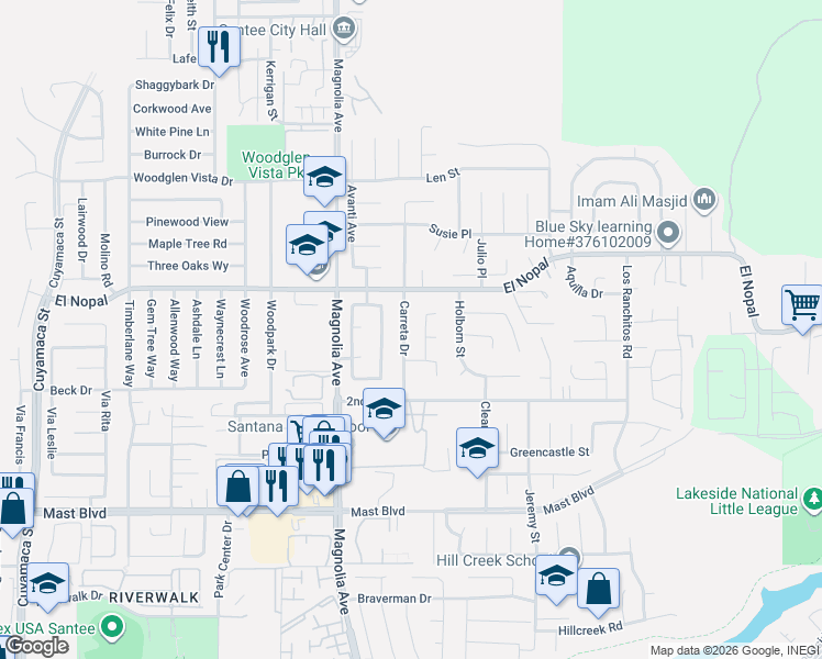 map of restaurants, bars, coffee shops, grocery stores, and more near 10131 Carreta Drive in Santee