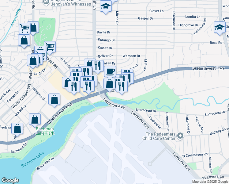 map of restaurants, bars, coffee shops, grocery stores, and more near 3750 West Northwest Highway in Dallas