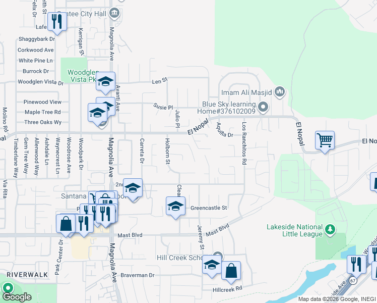 map of restaurants, bars, coffee shops, grocery stores, and more near 10753 Valor Place in Santee