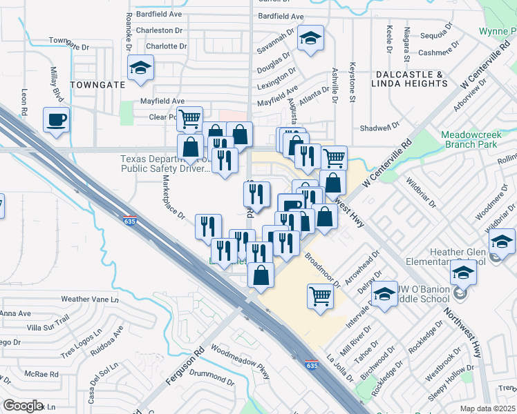 map of restaurants, bars, coffee shops, grocery stores, and more near 4692-4728 Saturn Road in Garland