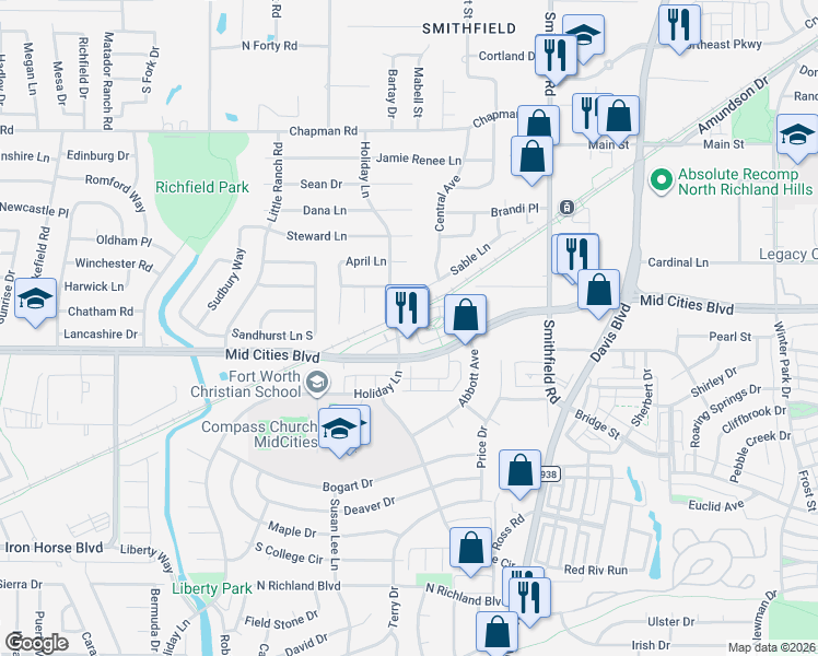 map of restaurants, bars, coffee shops, grocery stores, and more near 7585 Mid Cities Boulevard in North Richland Hills