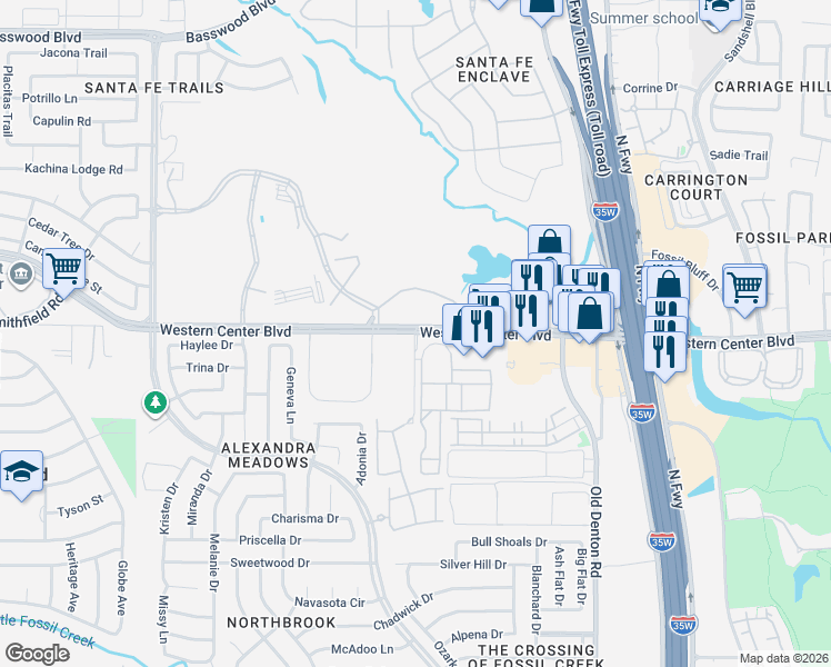 map of restaurants, bars, coffee shops, grocery stores, and more near 2600 Western Center Boulevard in Fort Worth