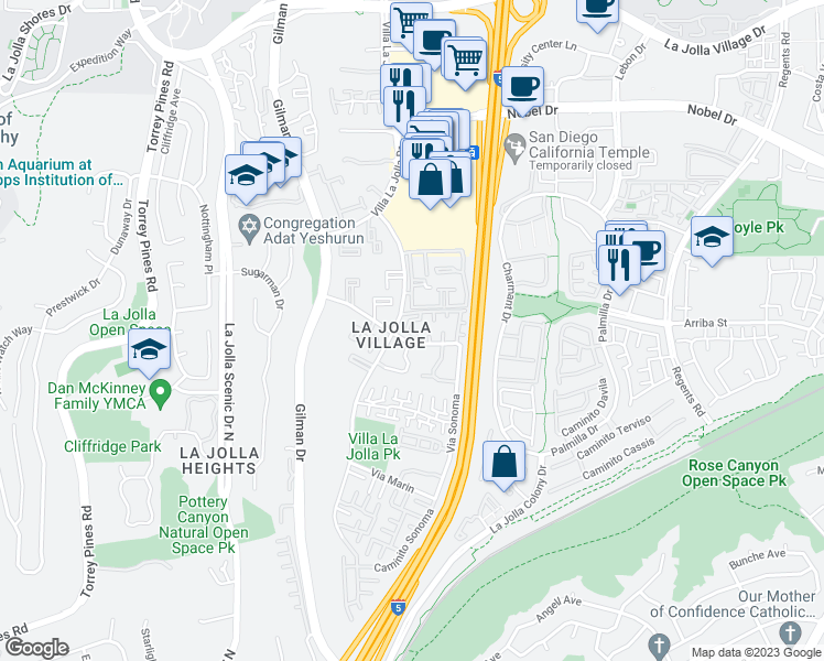 map of restaurants, bars, coffee shops, grocery stores, and more near 3222 Via Alicante in San Diego