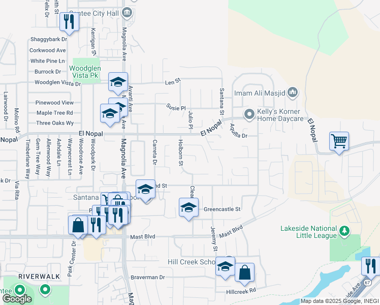 map of restaurants, bars, coffee shops, grocery stores, and more near 10720 Sayers Court in Santee