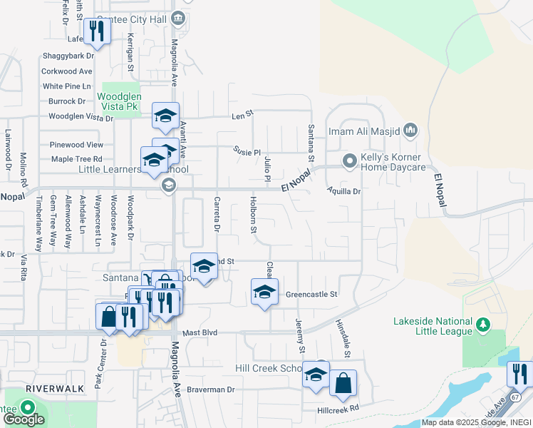 map of restaurants, bars, coffee shops, grocery stores, and more near 10720 Sayers Court in Santee