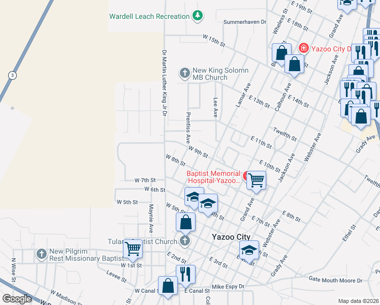 map of restaurants, bars, coffee shops, grocery stores, and more near 810 Prentiss Avenue in Yazoo City