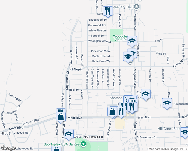 map of restaurants, bars, coffee shops, grocery stores, and more near 10113 Gem Tree Way in Santee