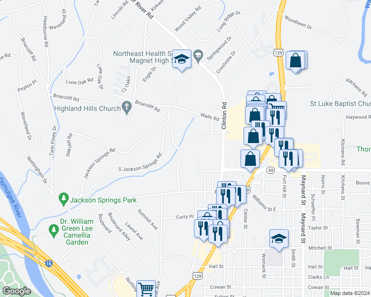 map of restaurants, bars, coffee shops, grocery stores, and more near 1211 Briarcliff Road in Macon