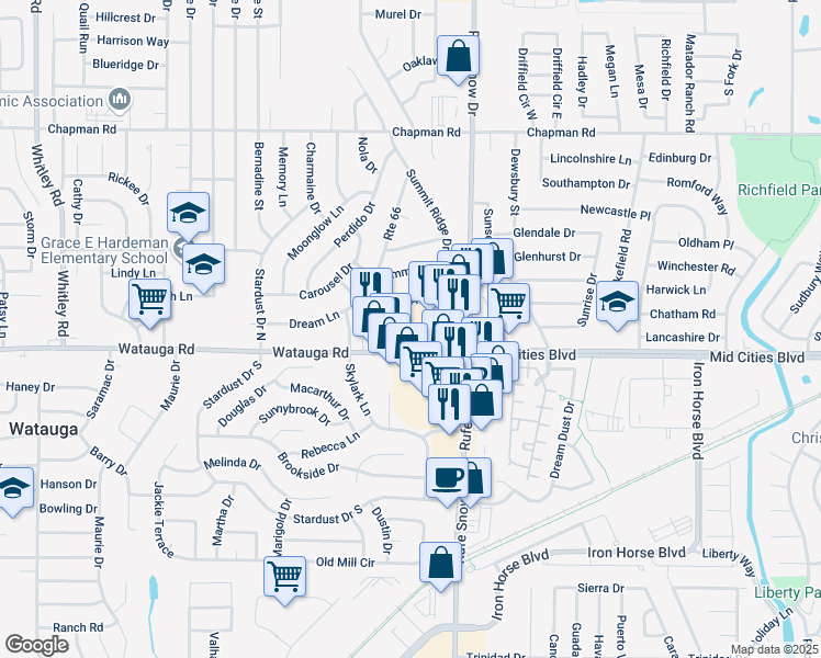 map of restaurants, bars, coffee shops, grocery stores, and more near 6441 Watauga Road in Watauga