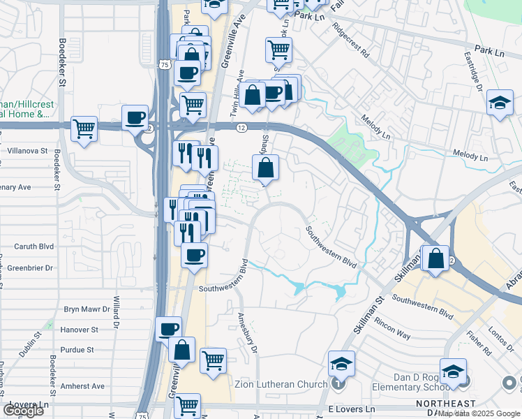 map of restaurants, bars, coffee shops, grocery stores, and more near 8631 Southwestern Boulevard in Dallas