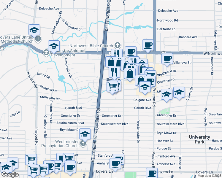 map of restaurants, bars, coffee shops, grocery stores, and more near 8119 Douglas Avenue in Dallas