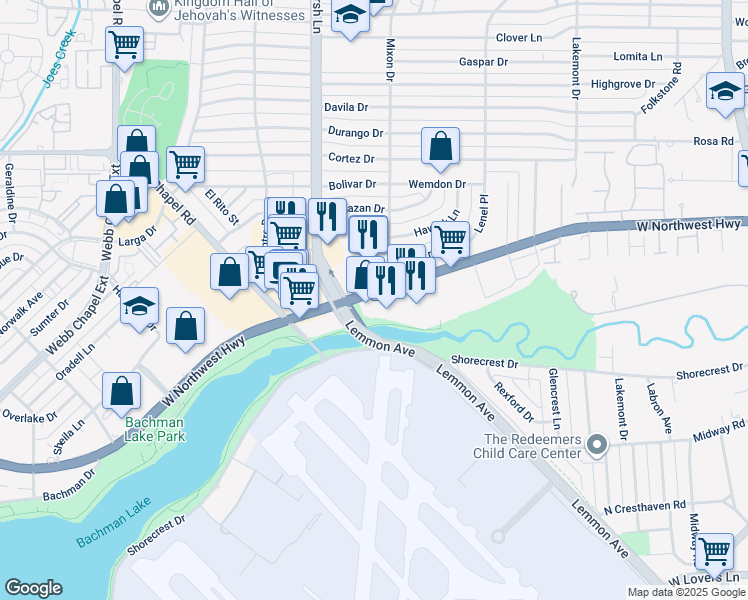 map of restaurants, bars, coffee shops, grocery stores, and more near 3750 W Northwest Hwy in Dallas
