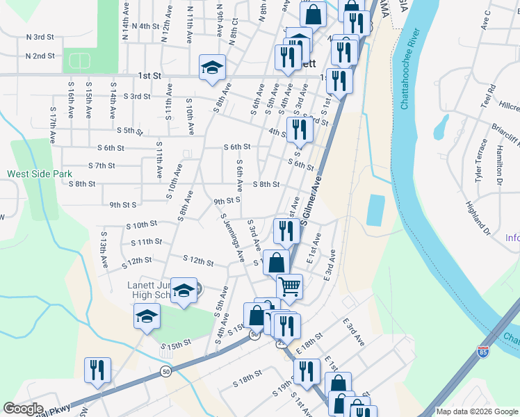 map of restaurants, bars, coffee shops, grocery stores, and more near 501 South 8th Street in Lanett