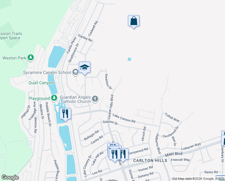 map of restaurants, bars, coffee shops, grocery stores, and more near 10118 Swanton Drive in Santee