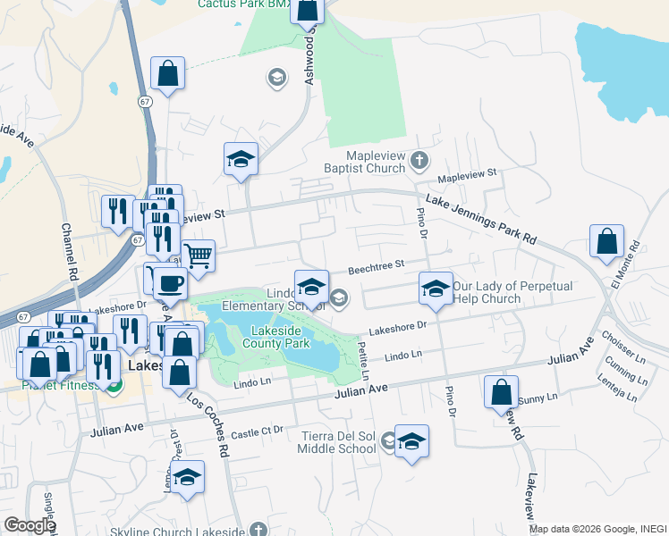 map of restaurants, bars, coffee shops, grocery stores, and more near 9938 White Hills Road in Lakeside