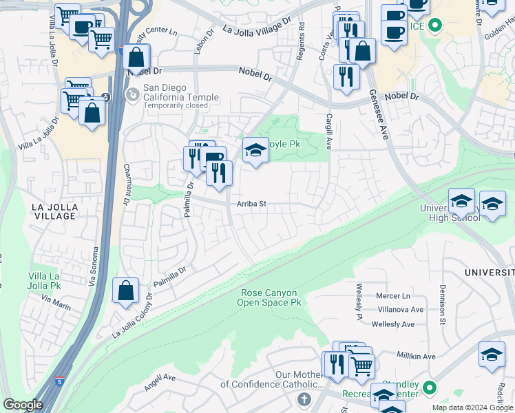 map of restaurants, bars, coffee shops, grocery stores, and more near 7826 Camino Noguera in San Diego
