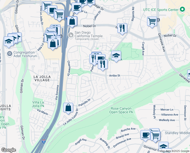 map of restaurants, bars, coffee shops, grocery stores, and more near 7487 Porte De Palmas in San Diego
