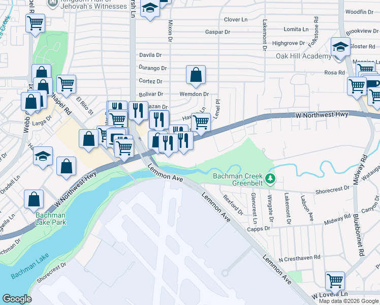 map of restaurants, bars, coffee shops, grocery stores, and more near 3840 West Northwest Highway in Dallas