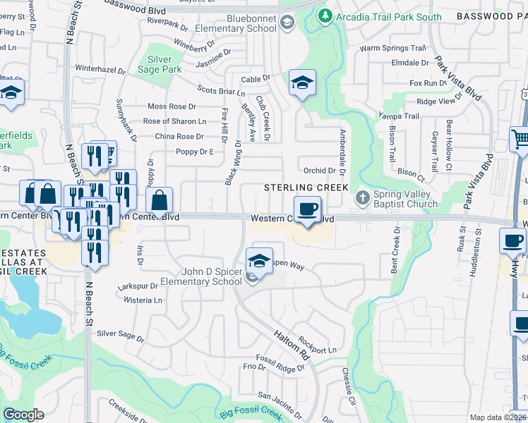map of restaurants, bars, coffee shops, grocery stores, and more near 4930 Western Center Boulevard in Haltom City