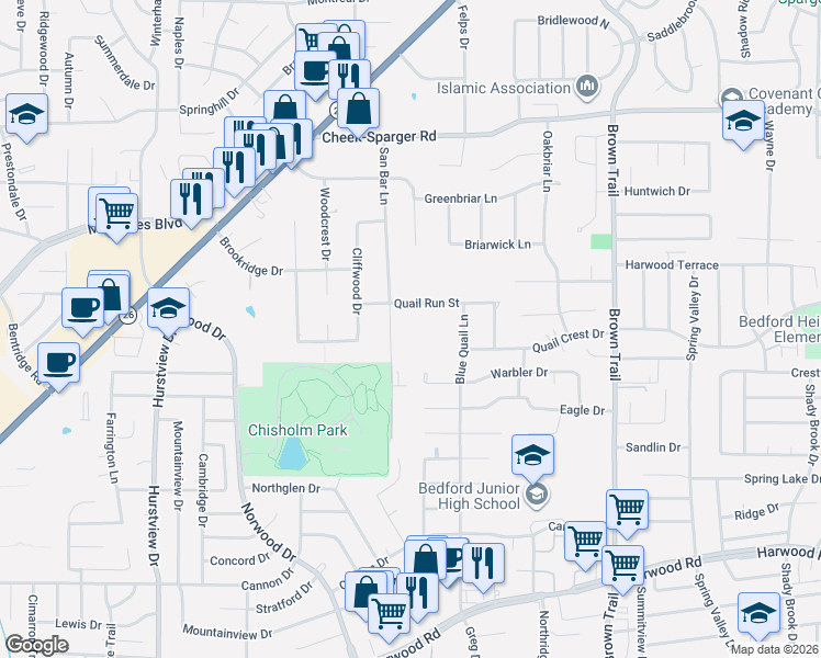 map of restaurants, bars, coffee shops, grocery stores, and more near 3401 San Bar Lane in Colleyville