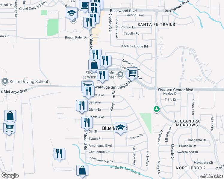 map of restaurants, bars, coffee shops, grocery stores, and more near 200 Waggoman Road in Fort Worth