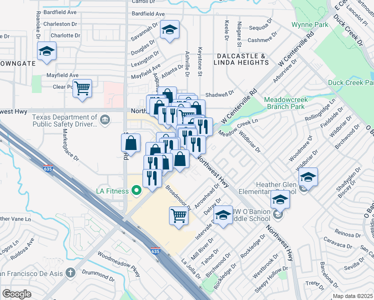 map of restaurants, bars, coffee shops, grocery stores, and more near 803 West Centerville Road in Garland