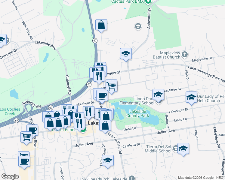 map of restaurants, bars, coffee shops, grocery stores, and more near 12580 Lakeshore Drive in Lakeside