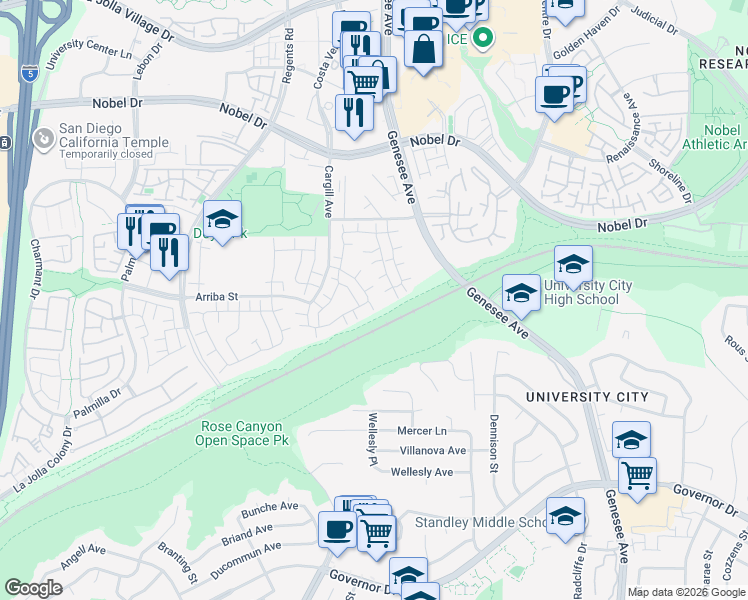 map of restaurants, bars, coffee shops, grocery stores, and more near 7923 Camino Glorita in San Diego